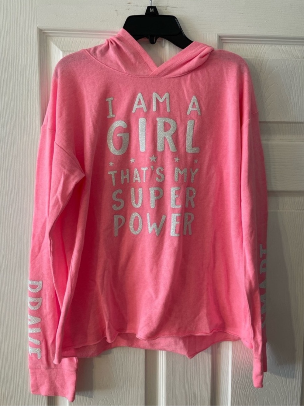 Justice Pink Hooded Sweatshirt with 'I AM A GIRL' Silver Graphic